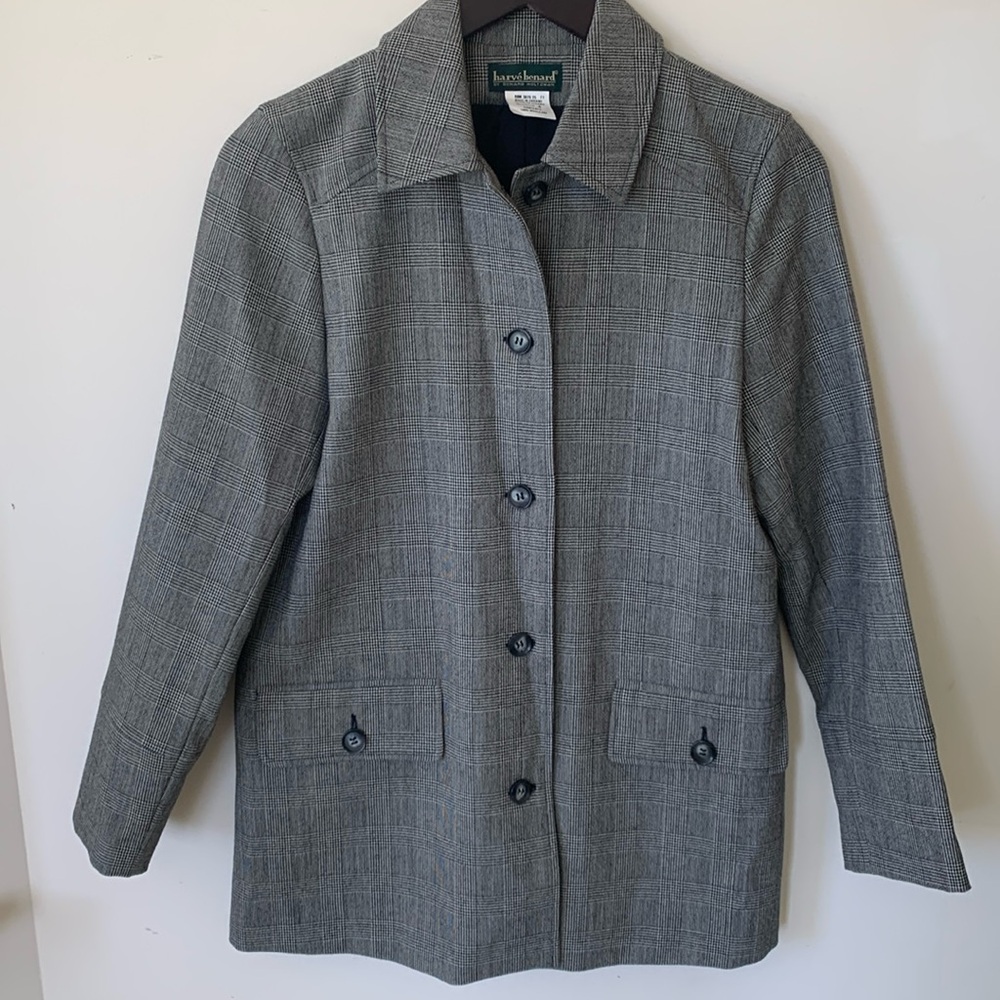 Vintage Harve Bernard 100% WOOL BUTTON DOWN BLAZER SZ 4 black white plaid